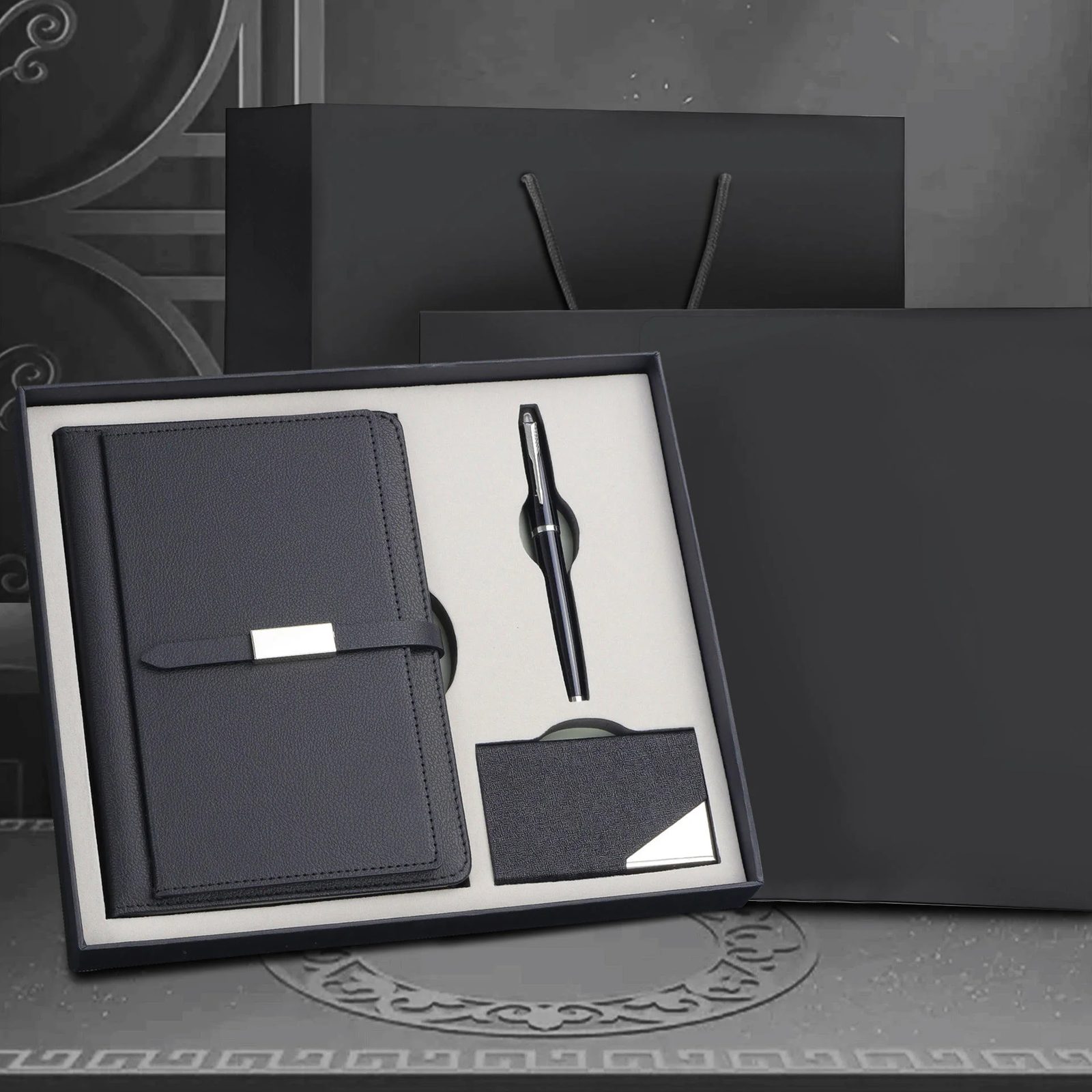 A5 Perfect Binding Notebook, Metal Pen and PU Cardholder Gift Set