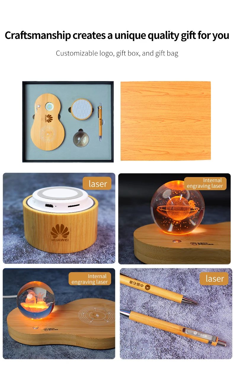 Wood wireless charger with 3D logo inside the ball Gift Set gallery 1