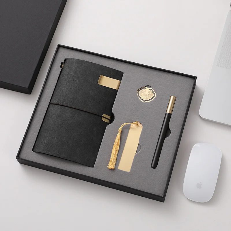 A6 Account Notebook, Brass Buckle, Brass Bookmark and Wood + Metal Pen Gift Set