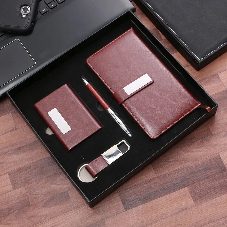 A6 Perfect Binding Notebook, Metal Pen, PU + Metal Keychain and Card Holder Gift Set