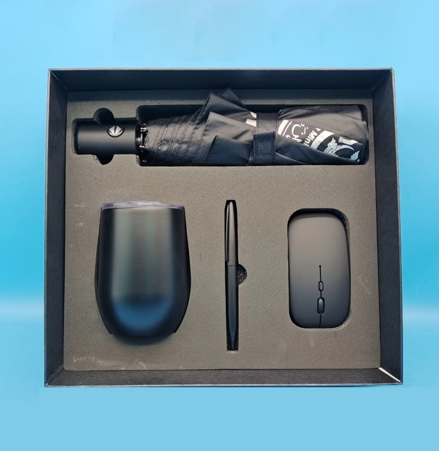 Automatic Umbrella, Wireless Mouse, Metal Pen and Egg Mug Corporate Gift Set