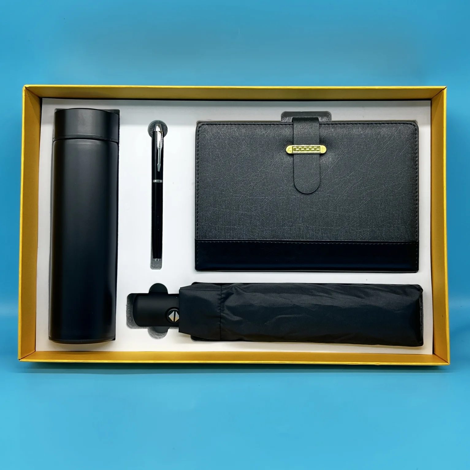 304 Stainless steel bottle without temperature display, Metal pen, Umbrella and A5 perfect binding notebook gift set gallery 3