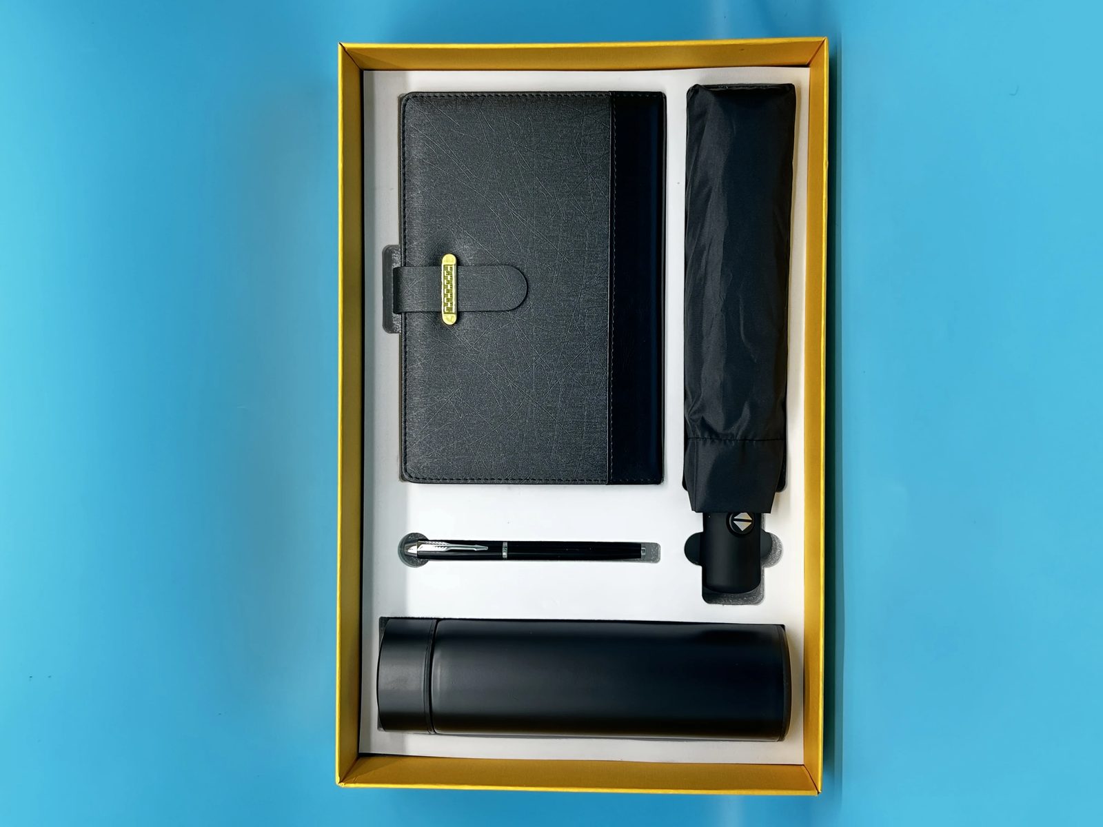 304 Stainless steel bottle without temperature display, Metal pen, Umbrella and A5 perfect binding notebook gift set gallery 5
