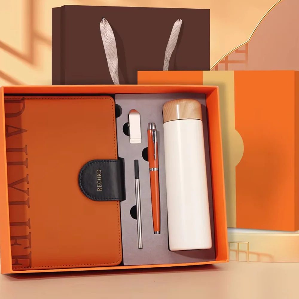 304 Stainless Steel Thermos Cup with Wood Cover, Metal Pen, 16GB USB Flash Drive and A5 Notebook Gift Set gallery 3