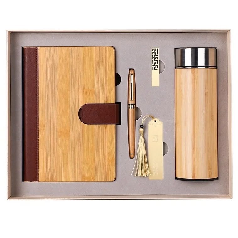 Bamboo A5 Notebook, Wood Pen, Metal U Flash Drive 16GB, Bookmark and Bamboo Thermos Cup Gift Set