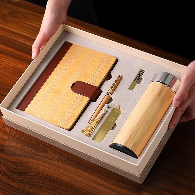 Bamboo A5 Notebook, Wood Pen, Metal U Flash Drive 16GB, Bookmark and Bamboo Thermos Cup Gift Set gallery 1