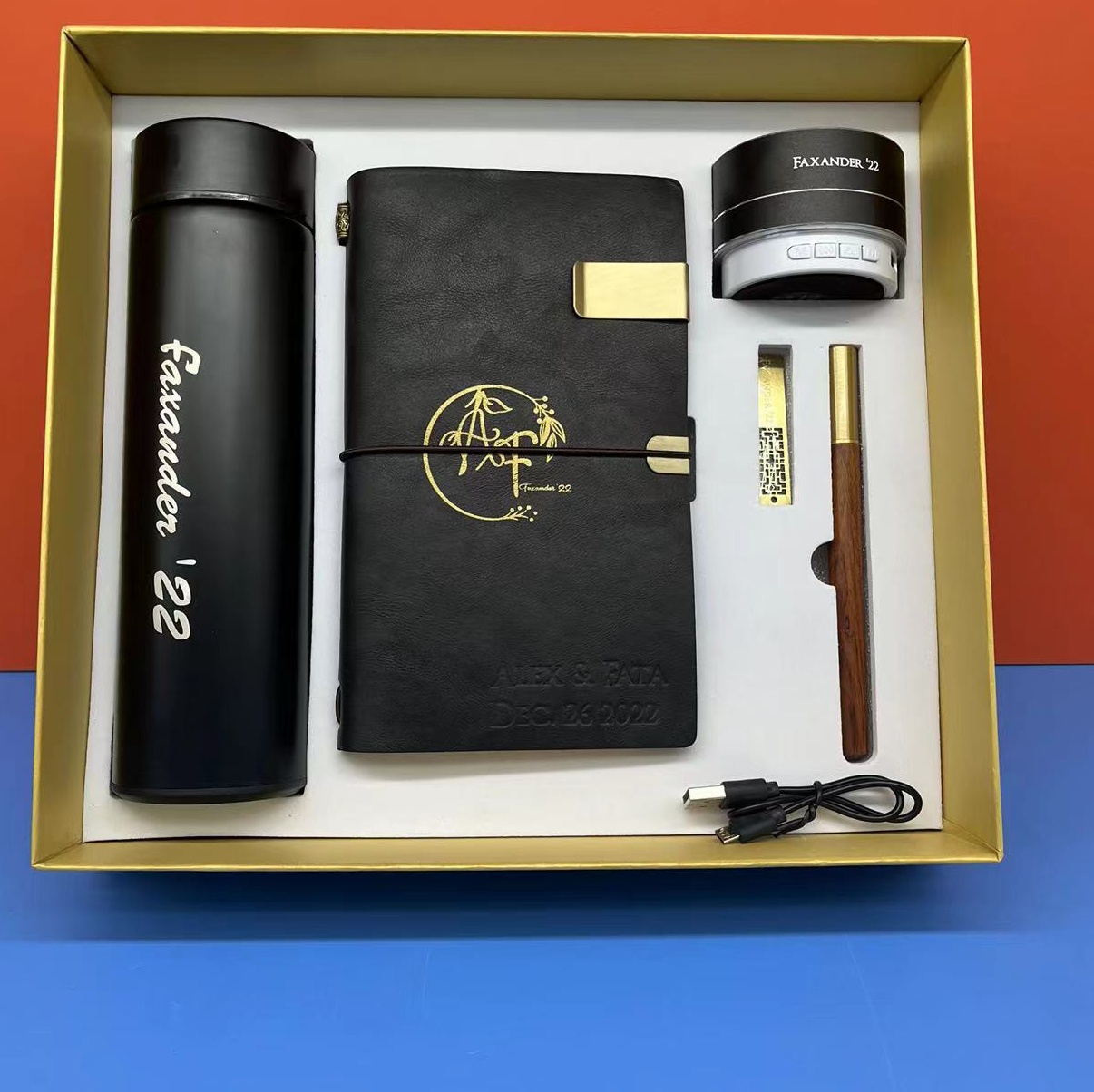 304 Stainless Steel Thermos Cup, Wood Pen, 16GB USB Flash Drive, Wireless Speaker & A6 Notebook Gift Set