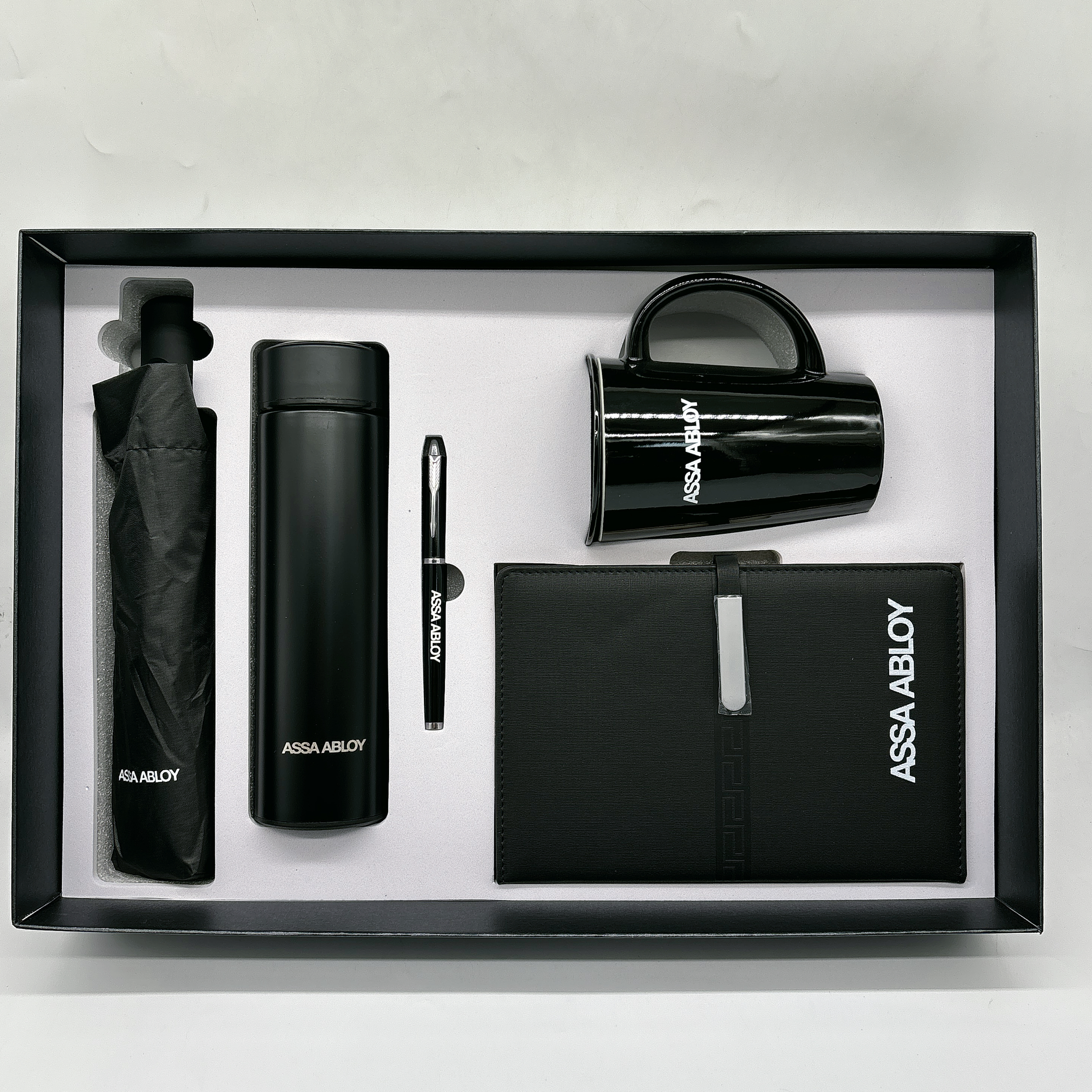 304 Stainless Steel Bottle, Automatic Umbrella, Metal Pen, Ceramic Mug & A5 Notebook Corporate Gift Set