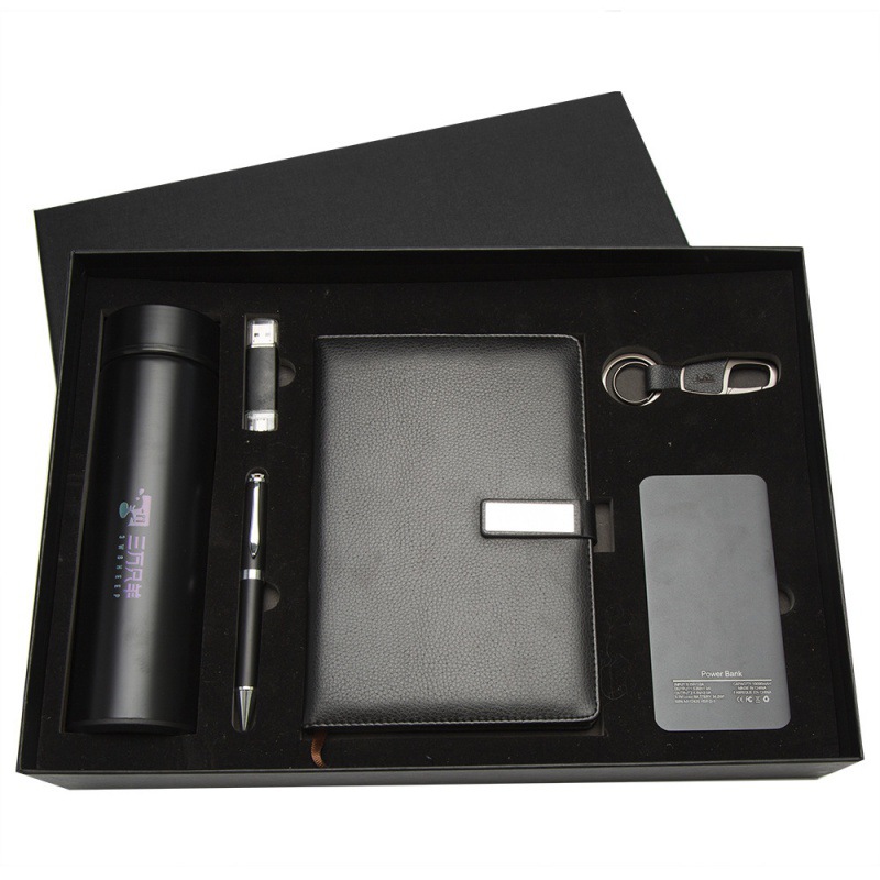 A5 Notebook, Metal Pen, 16GB USB Drive, Thermos Bottle with Temperature Display, 6000mAh Power Bank and Keychain Gift Set