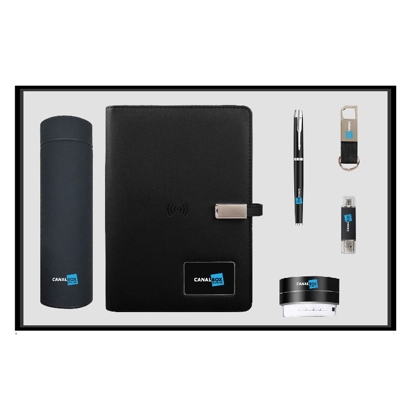 Premium 6-Piece Corporate Gift Set with 304 Stainless Steel Bottle, Wireless Speaker & Power Bank Notebook