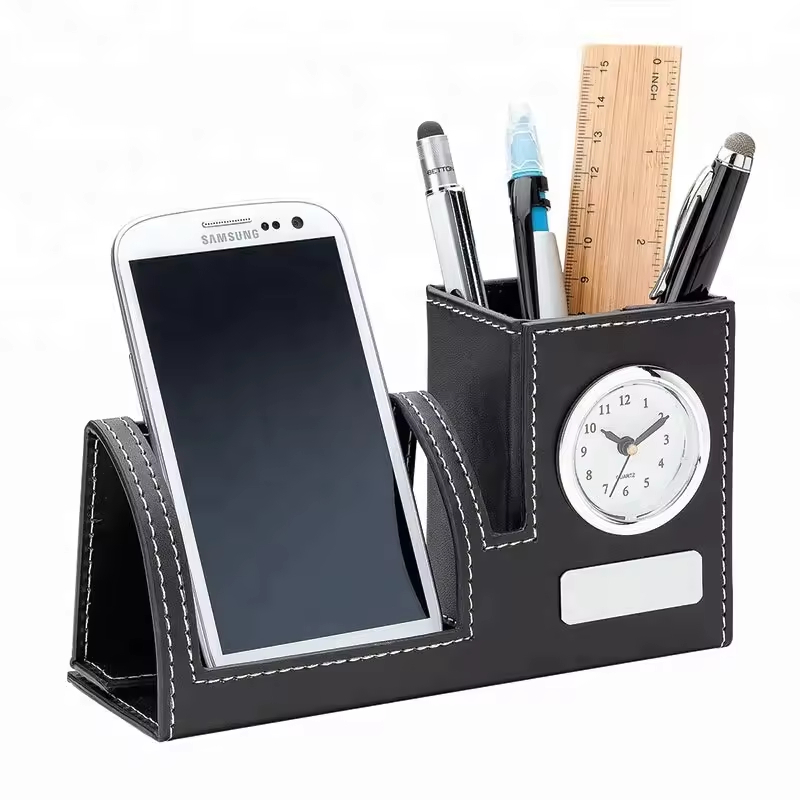 Pen holder with clock
